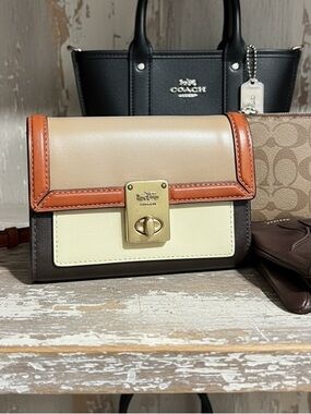 Coach Hutton Colorblock Wallet in Brass/Taupe Ginger Multi Leather Kisslock